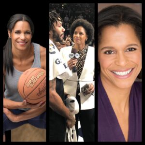 A collage of women with basketball and sports equipment.